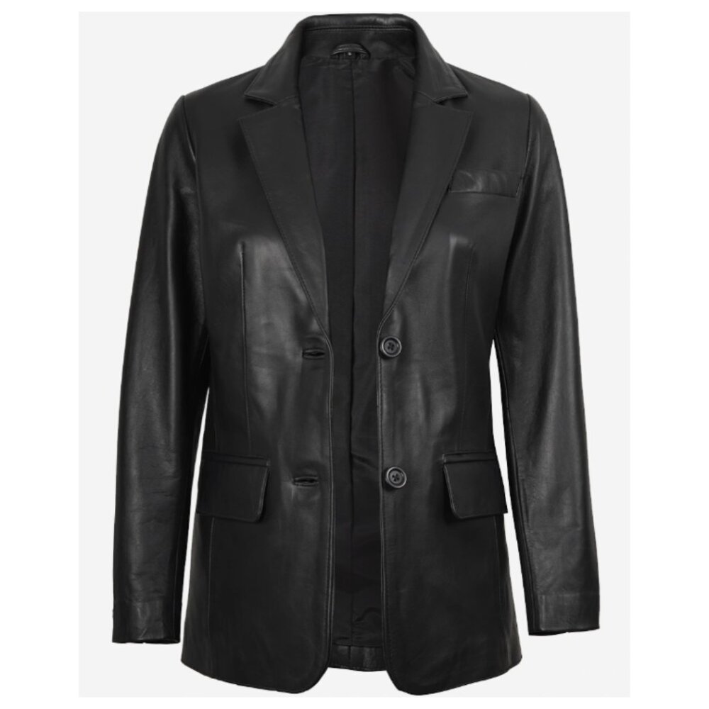 Two Button Notch Lapel Black Leather Blazer Jacket Sz M/L - Picture 2 of 10